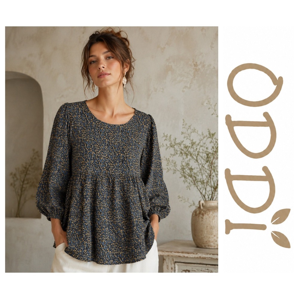 Oddi Animal Print Boho Peasant Babydoll 3/4 Sleeve Top S NWT
